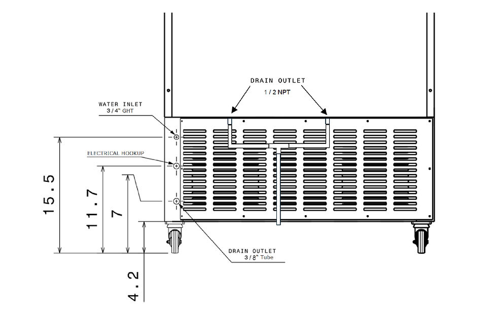 Kuper KI-100SP63 clear sphere ice machine, rear utility connections with dimensions