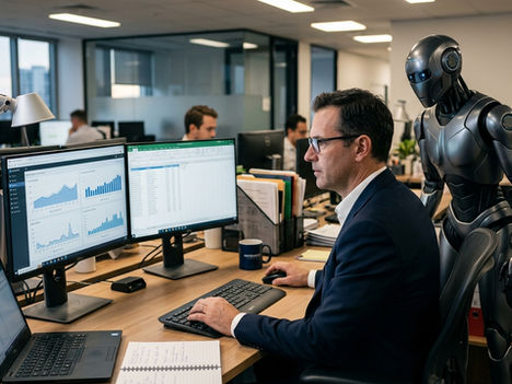 A SEO businessman being watched by an AI robot