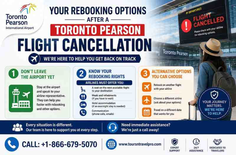 Toronto Pearson flight cancellation infographic with traveler at airport, rebooking steps, help message, and call number +1-866-679-5070