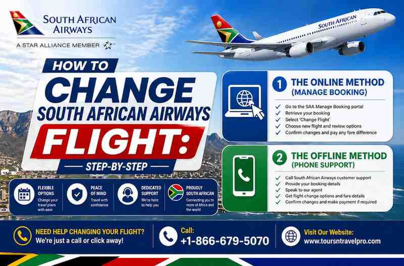 South African Airways infographic on changing flights shows an airplane, mountains, and contact info. Step-by-step online and offline methods included.