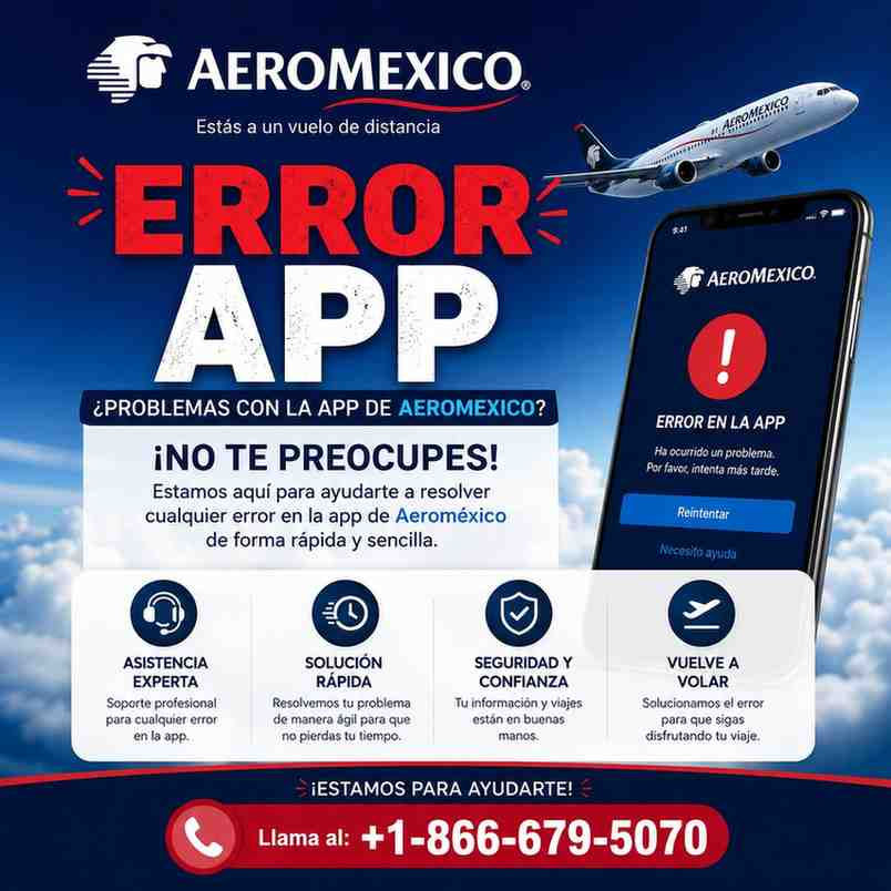 Aeromexico app error ad with airplane and smartphone, large ERROR APP text, Spanish help message, and support number +1-866-679-5070.