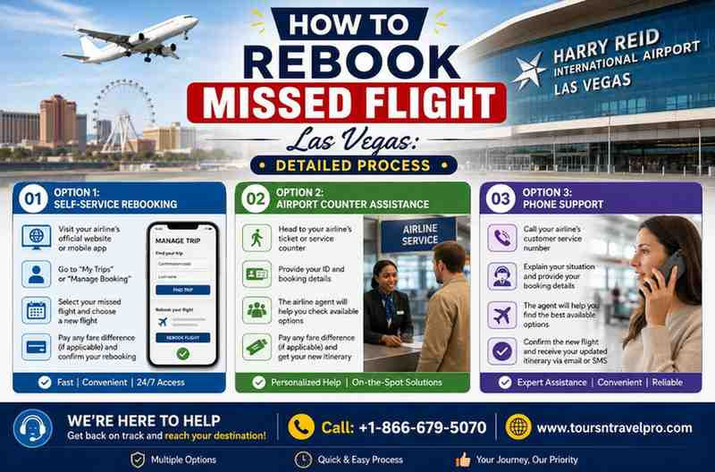 Infographic on rebooking missed flights in Las Vegas. Includes self-service, airport counter, and phone support. Contact info provided.