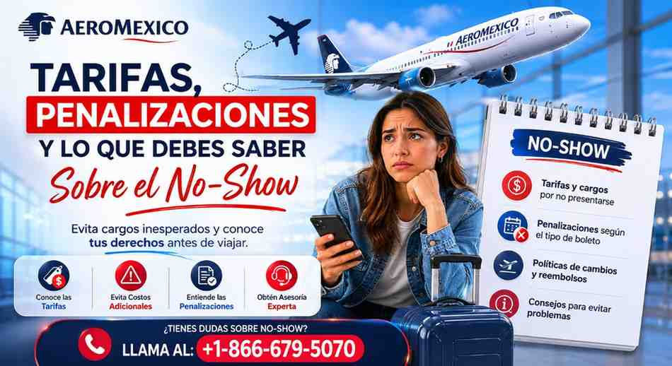 Aeromexico no-show ad with worried woman holding phone, airplane overhead, suitcase, and notebook listing tariffs, penalties and refunds