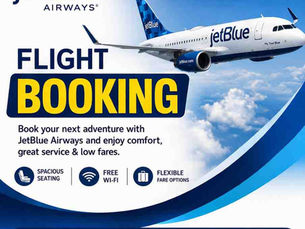 JetBlue Airways ad with an airplane flying in blue sky. Text: "FLIGHT BOOKING," offers spacious seating, free Wi-Fi, and flexible fares.