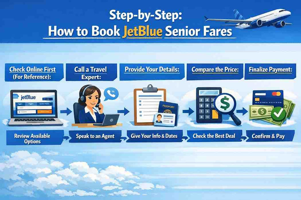 Infographic showing steps to book JetBlue senior fares: check online, call expert, provide details, compare price, finalize payment.