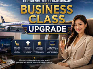 Promotional square advertisement for Singapore Airlines Business Class Upgrade. The design features a smiling, professionally dressed young woman seated in a luxurious business-class airline seat, holding a glass of champagne. Large gold and white text in the center reads “Business Class Upgrade” against a premium blue background. A Singapore Airlines aircraft is visible near an airport terminal in the background, with sky and travel-themed elements enhancing the luxury feel. Icons highlight benefits including lie-flat comfort, gourmet dining, priority privileges, and premium entertainment. At the bottom, a clear call-to-action banner displays: “Call: +1-866-679-5070 | www.toursntravelpro.com.” The overall design is modern, high-end, trustworthy, and optimized for social media marketing.