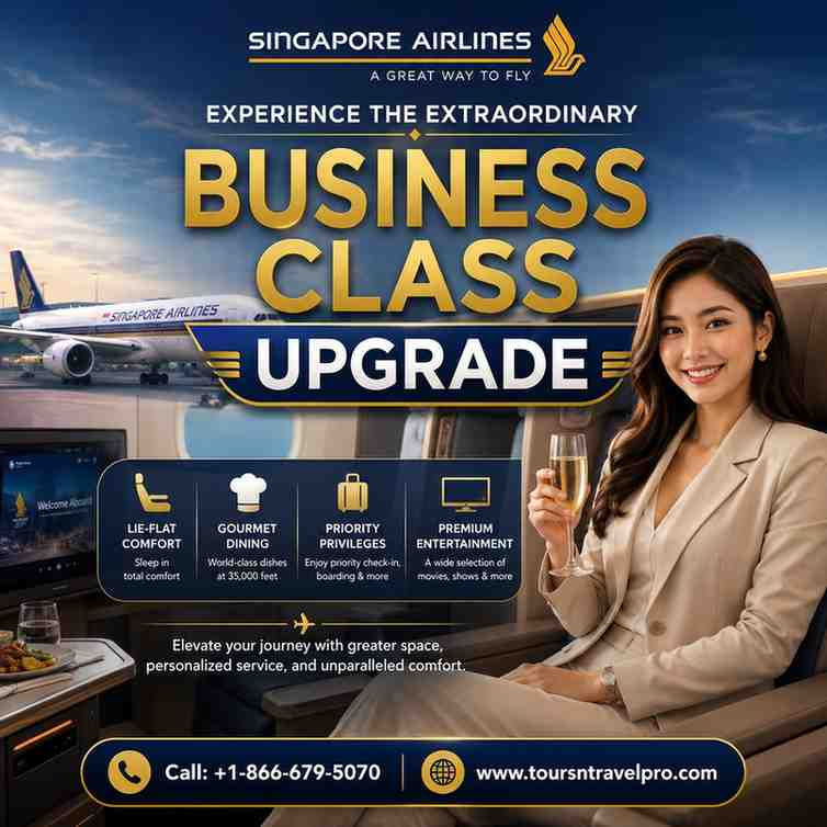 Promotional square advertisement for Singapore Airlines Business Class Upgrade. The design features a smiling, professionally dressed young woman seated in a luxurious business-class airline seat, holding a glass of champagne. Large gold and white text in the center reads “Business Class Upgrade” against a premium blue background. A Singapore Airlines aircraft is visible near an airport terminal in the background, with sky and travel-themed elements enhancing the luxury feel. Icons highlight benefits including lie-flat comfort, gourmet dining, priority privileges, and premium entertainment. At the bottom, a clear call-to-action banner displays: “Call: +1-866-679-5070 | www.toursntravelpro.com.” The overall design is modern, high-end, trustworthy, and optimized for social media marketing.