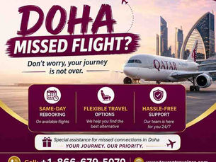 Qatar Airways ad with plane over Doha skyline: Doha missed flight? Same-day rebooking, flexible travel, 24/7 support.
