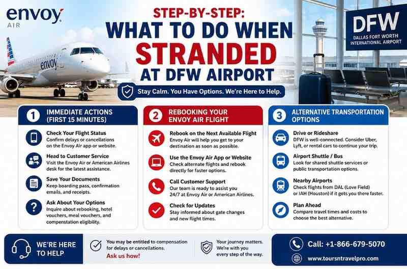 A professional landscape-style infographic by Envoy Air titled “Step-by-Step: What to Do When Stranded at DFW Airport.” The design features an Envoy Air airplane on the left and a DFW Airport terminal scene with luggage on the right. Large bold red and blue headline text appears at the top. The infographic is divided into three sections: “Immediate Actions (First 15 Minutes),” “Rebooking Your Envoy Air Flight,” and “Alternative Transportation Options,” each with icons and travel assistance tips. The bottom banner includes support messaging and a call-to-action with the phone number +1-866-679-5070 and website www.toursntravelpro.com. The overall design uses a clean red, white, and blue airline-themed color scheme suitable for travel promotions.