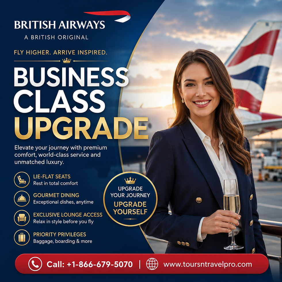 Professional square promotional advertisement for British Airways featuring a confident, smiling young businesswoman in elegant navy attire standing at an airport beside a British Airways aircraft during sunset. Large bold headline in the center reads “BUSINESS CLASS UPGRADE” in premium white and gold typography. The design uses a sophisticated blue and gold color scheme with luxury travel elements, highlighting premium benefits such as lie-flat seats, gourmet dining, lounge access, and priority privileges. A prominent call-to-action banner at the bottom displays: “Call: +1-866-679-5070 | www.toursntravelpro.com.” Modern, high-resolution travel marketing design focused on promoting business class upgrades and generating customer inquiries.