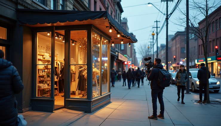 Eye-level view of a vibrant Toronto street with a pop-up shop front and local creator filming the scene