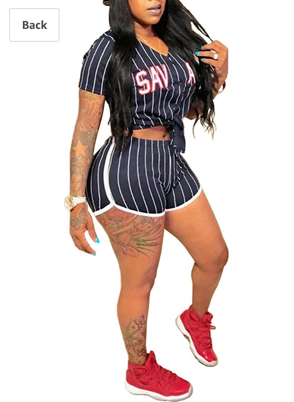 Thumbnail: Sexy V Neck Stripe Button Down Crop Top Shorts Set 2 Piece Rompers (Sm-3X)