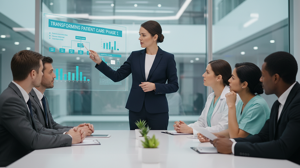 Close-up view of a healthcare leader presenting a change management plan to a team