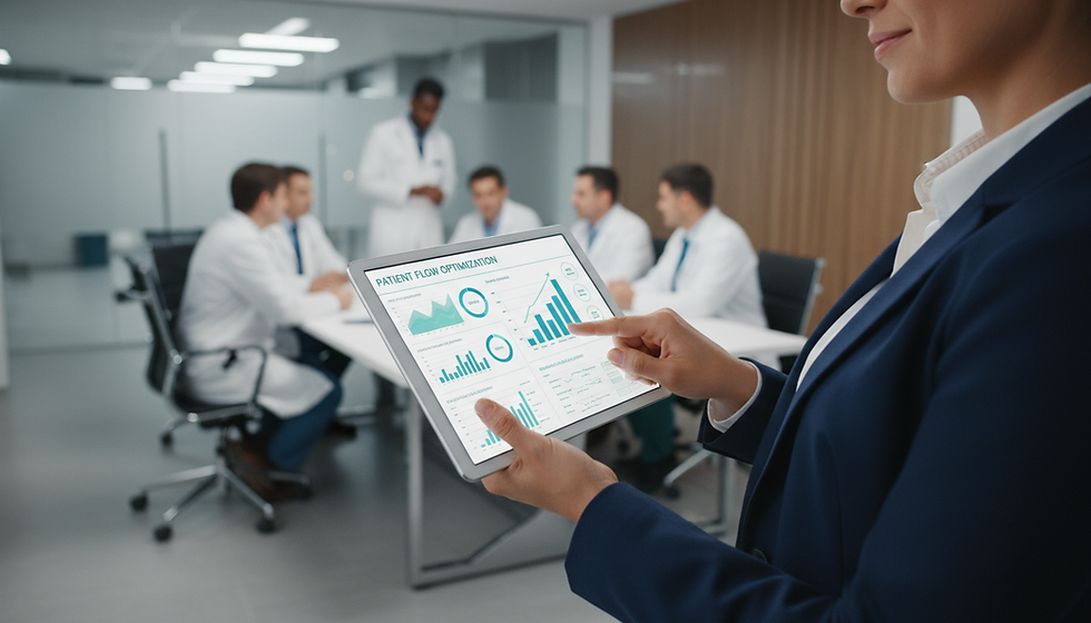 Close-up view of a healthcare consultant reviewing workflow charts