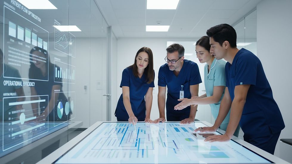 Close-up view of healthcare team reviewing workflow charts