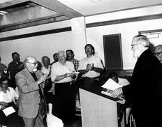 The 1999 ceremony presenting Eretz-Israel Vol. 26 to Frank M. Cross at the Hebrew Union College in Jerusalem
