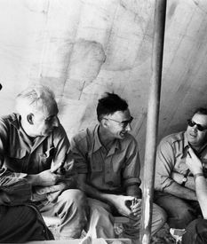 Members of the Judean Desert Caves expedition of 1960–1961. From right to left: Yigael Yadin, Joseph Aviram, Yohanan Aharoni, Pesach Bar-Adon and Nahman Avigad