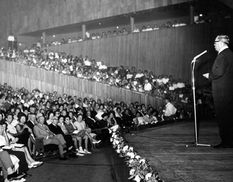 The Fifteenth Convention of Land of Israel Studies, Tel Aviv, 1959. Joseph Aviram opens the convention at Hechal Hatarbut