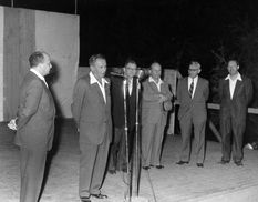 The Second Convention of Land of Israel Studies, Tel Aviv, 1945. From right to left: Shmuel Yeivin, Leon A. Mayer, Israel Rokach (greeting those assembled) and Moshe Schwabe