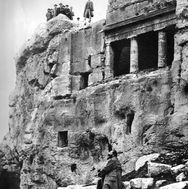 Members of the Jewish Palestine Exploration Society, including Yitzhak Ben-Zvi, visit the Tomb of the Sons of Hezir in the Kidron Valley in 1924