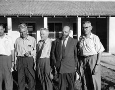 The Eighth Convention of Land of Israel Studies, Beth Yeraḥ, 1952. From right to left: Benjamin Mazar, Ben-Zion Dinur, Nahum Slouschz, Munya Dunayevski, Joseph Aviram