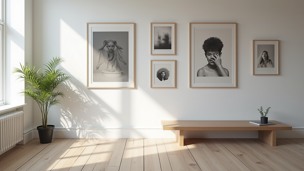 Eye-level view of a minimalist portfolio display featuring various creative works