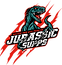 Jurassic Supps logo with red claw marks behind a teal feracious velociraptor.