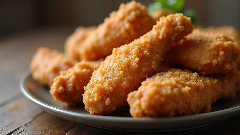 Close-up view of golden crispy fried chicken pieces on a plate
