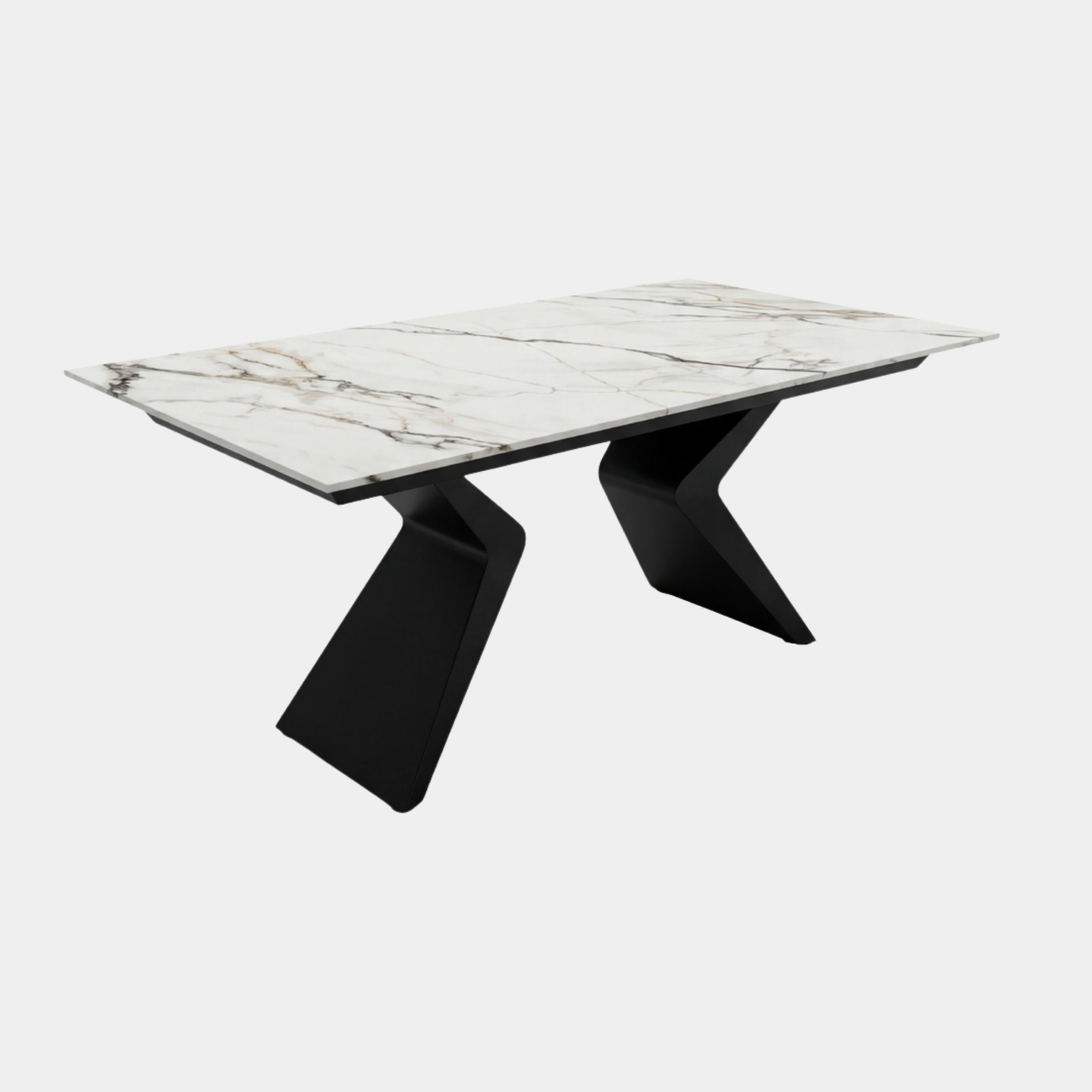 Mesa porcelánico extensible blanca con patas negras para comedor moderno.