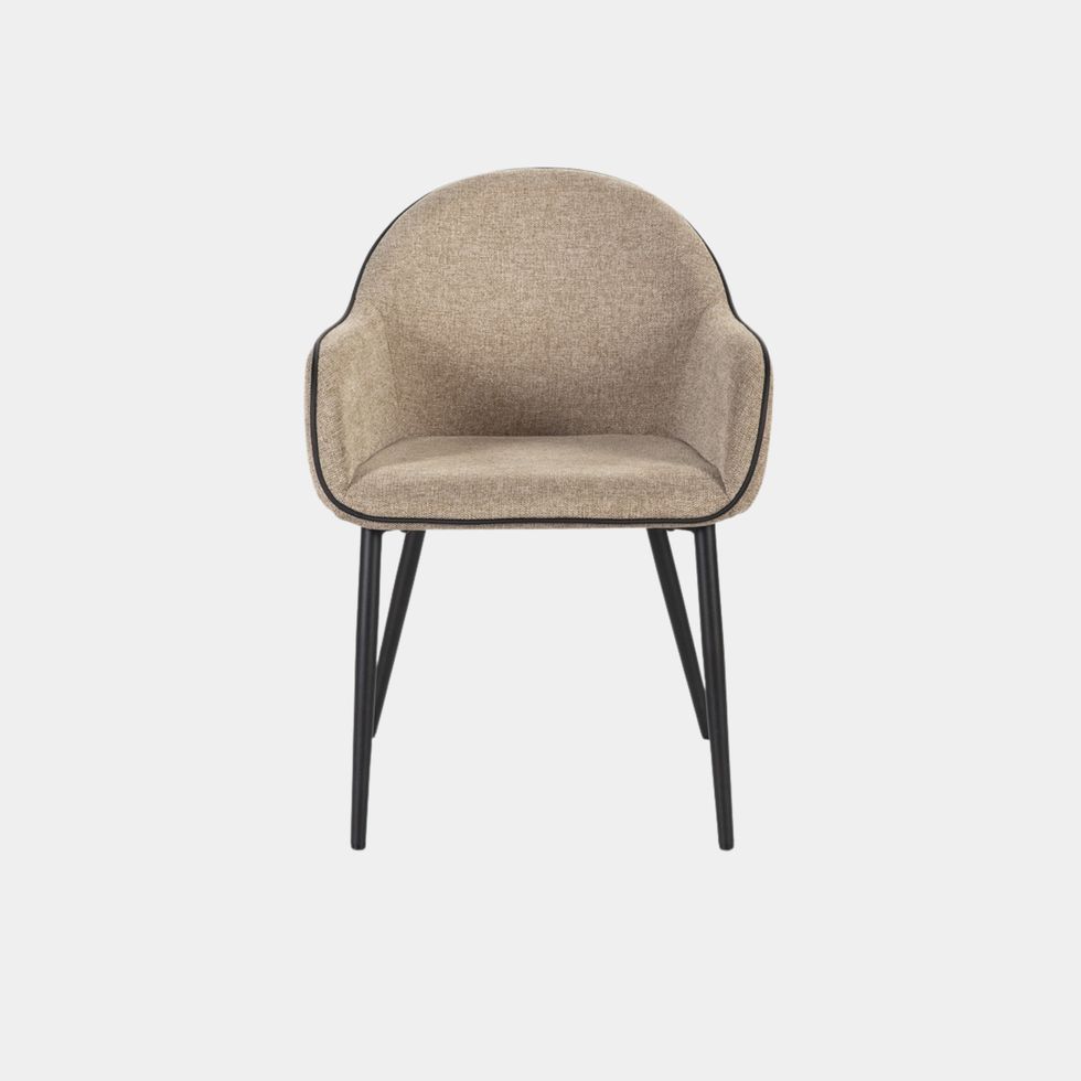 Silla Terra tapizada en tela color teja, gris claro, gris oscuro, marrón o turquesa con patas de metal negro