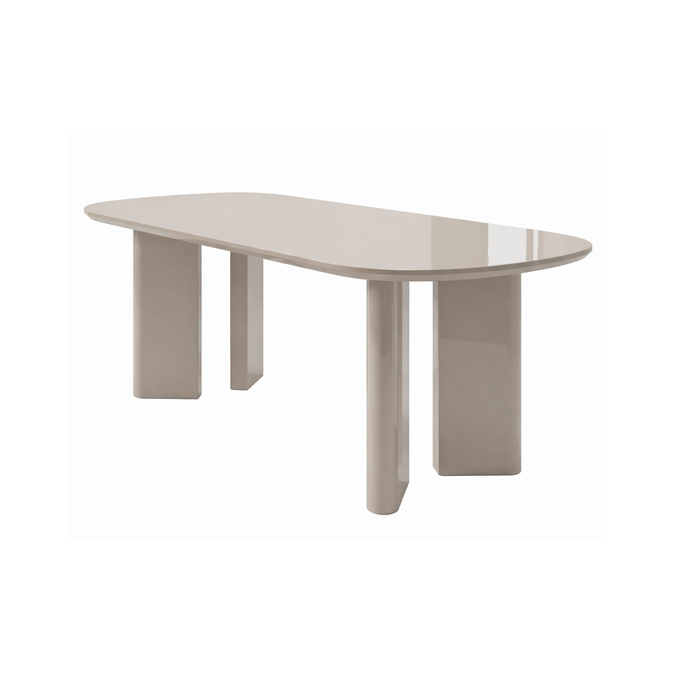 Mesa de comedor Nácar de 160 × 90 cm, en color piedra con acabado lacado brillo y diseño moderno y elegante.