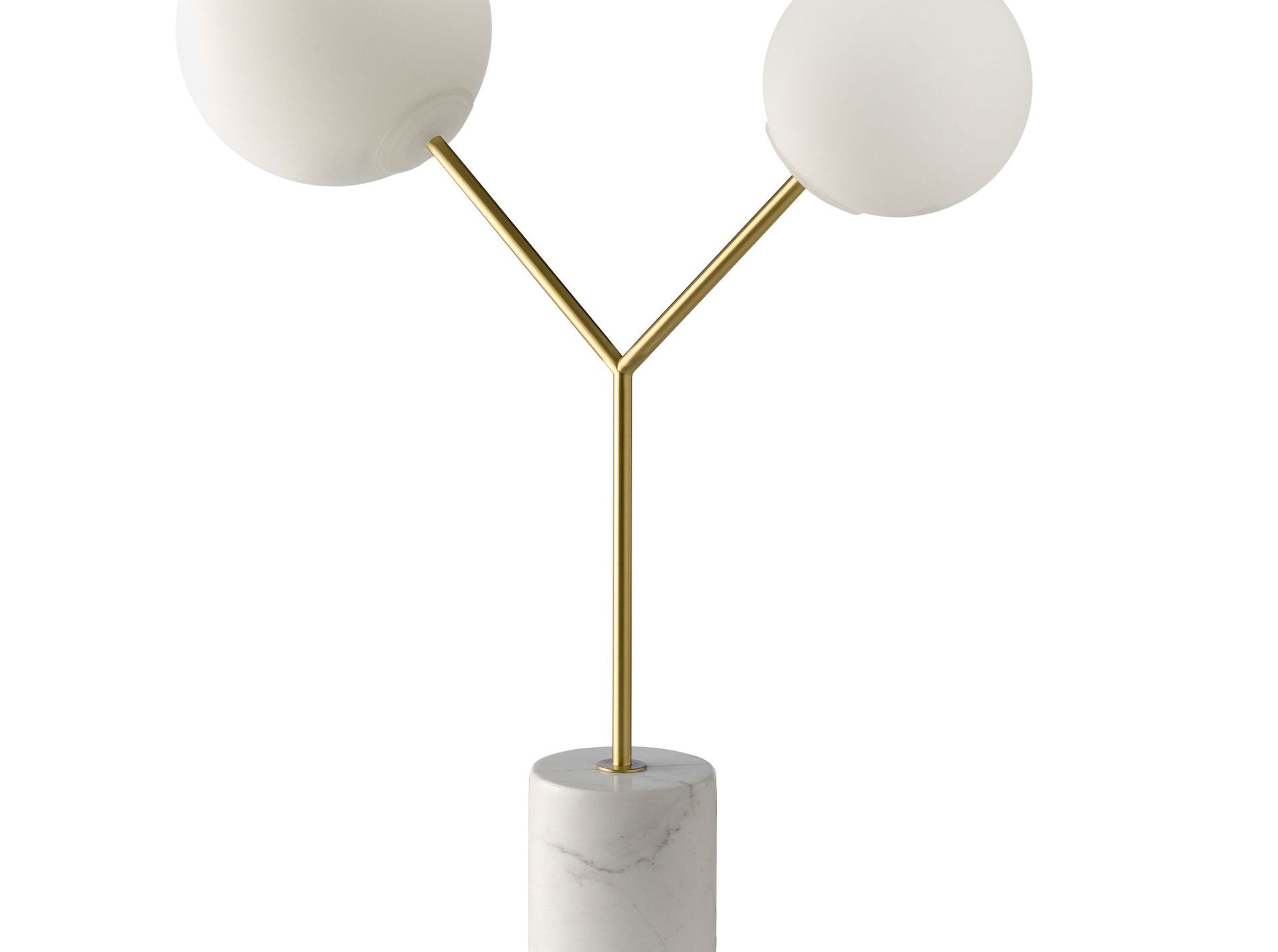 Lámpara de mesa de mármol blanco, acero dorado y vidrio blanco