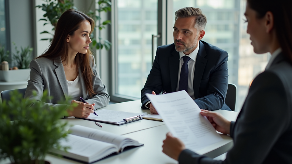 High angle view of a professional consultant discussing documents with a client