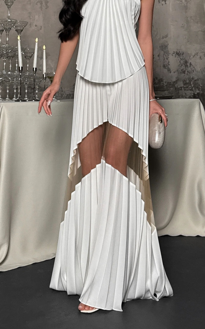 High-waisted pleated trousers for women with a dramatic wide-leg silhouette in white