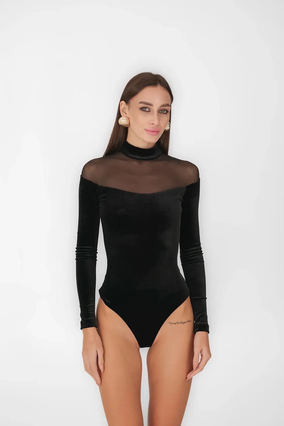 Front view of women’s black Eclipse mesh bodysuit with long sleeves and turtleneck