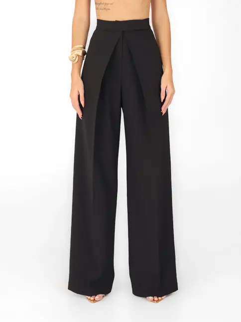 Front view of high-waist pants with symmetrical front pleats