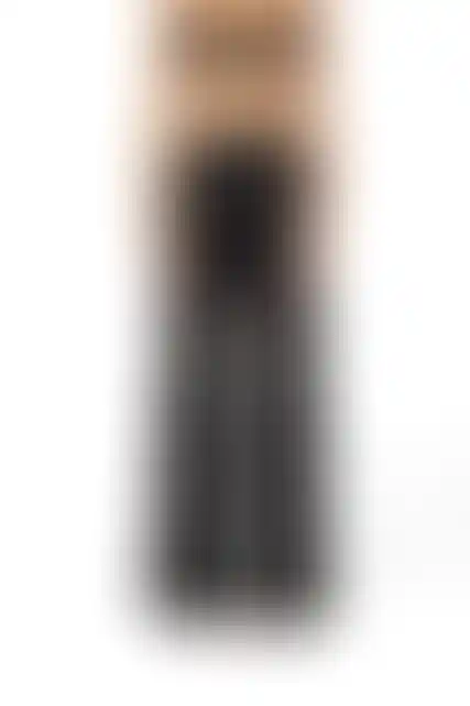 Front view of black high-waist trousers with sheer chiffon and satin detailing