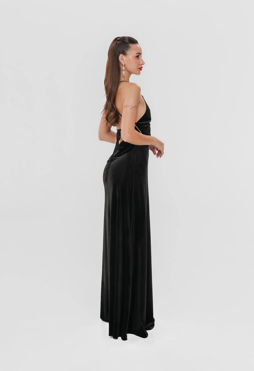 Backless velour gown with spaghetti straps and crystal-detailed chest