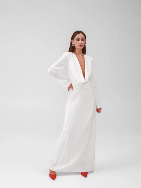 Statement designer dress with draped cowl neck and flared sleeves