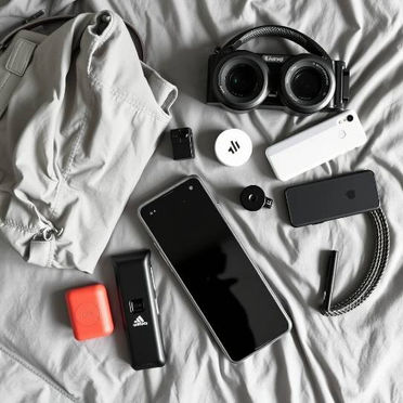 A flat lay of everyday tech essentials, including multiple smartphones, a VR headset, earbuds, a power bank, and a smartwatch band, all arranged neatly beside a gray backpack on a soft fabric surface.