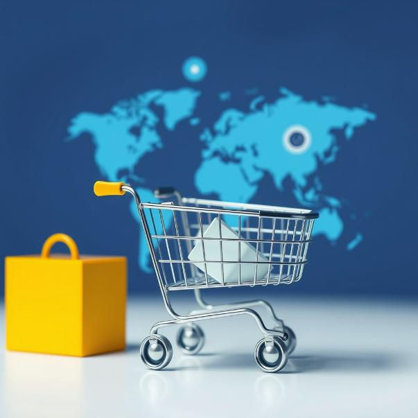 Shopping cart with a box on a white surface, yellow bag beside it. Blue world map background, representing global shopping.
