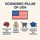 अमेरिकी अर्थव्यवस्था के प्रतीक: ग्राफ विकास, डॉलर चिह्न, गगनचुंबी इमारतें, कंटेनर जहाज, और डेटा चार्ट।