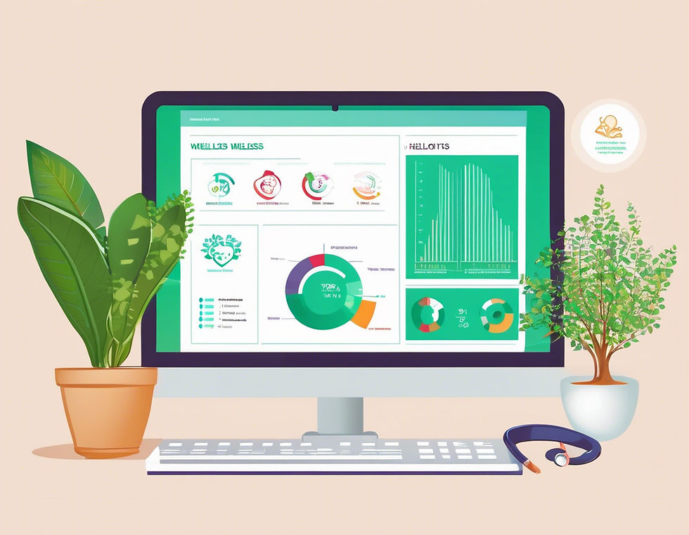Health report on a desk with a laptop, stethoscope, and plants. Papers in a folder, wellness text visible. Bright, organized workspace.