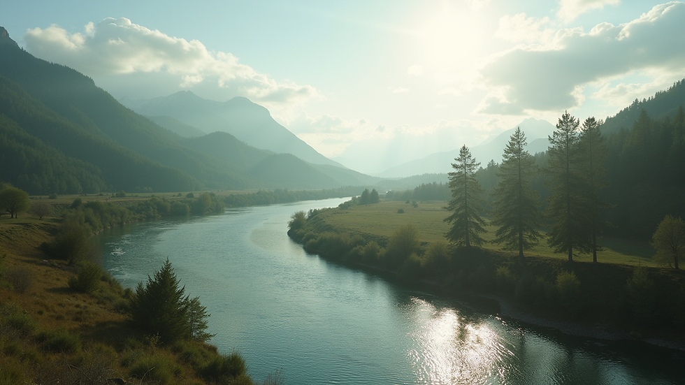 Eye-level view of a serene landscape with a winding river