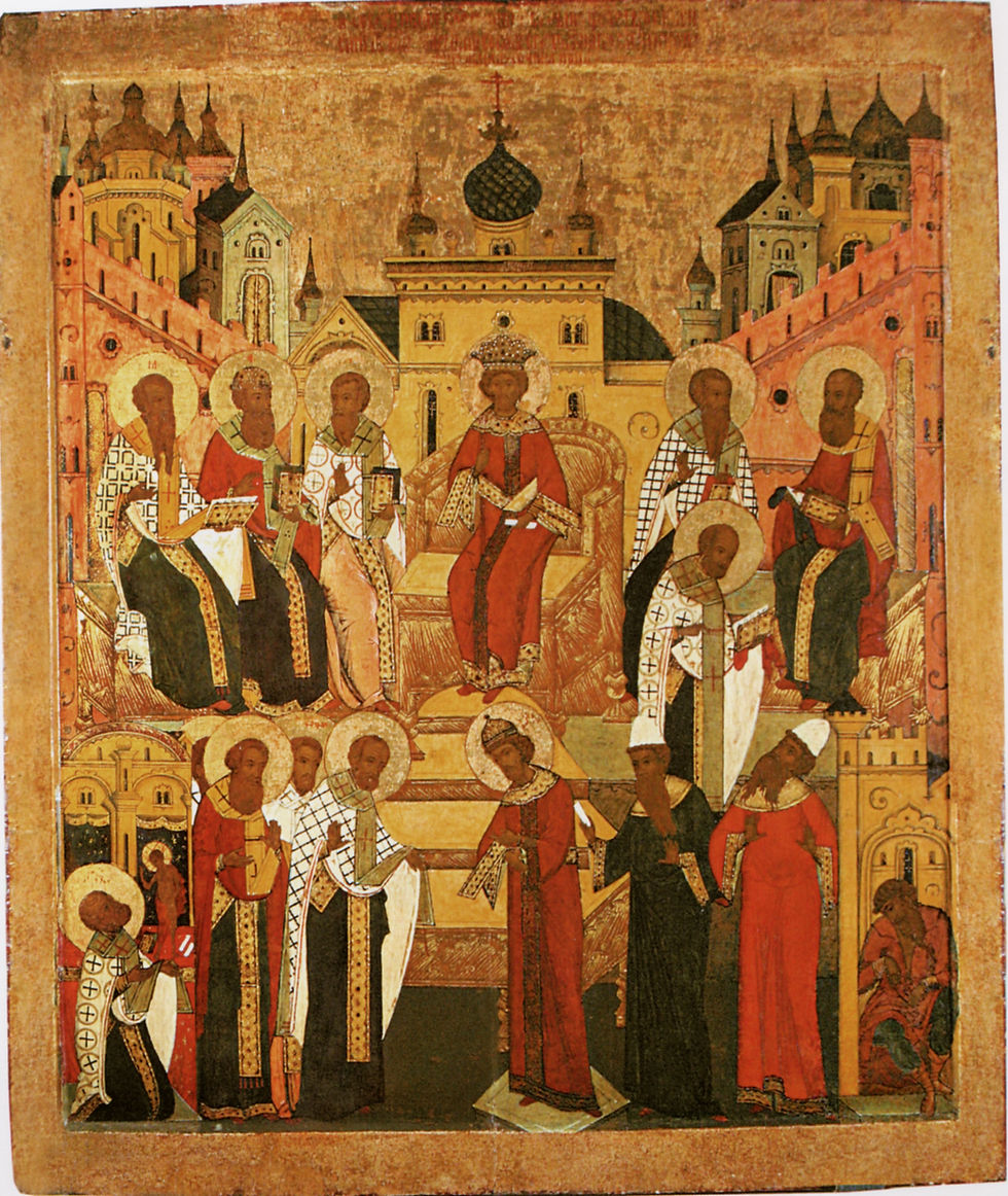 Kaiser Konstantin als zentrale Figur auf dem I Ökumenischen Konzil. Russische Ikone aus dem 16. Jahrhundert.