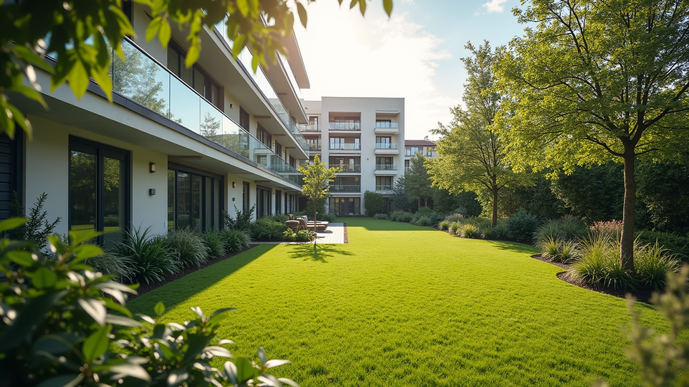 Wide angle view of a well-maintained garden in a residential complex