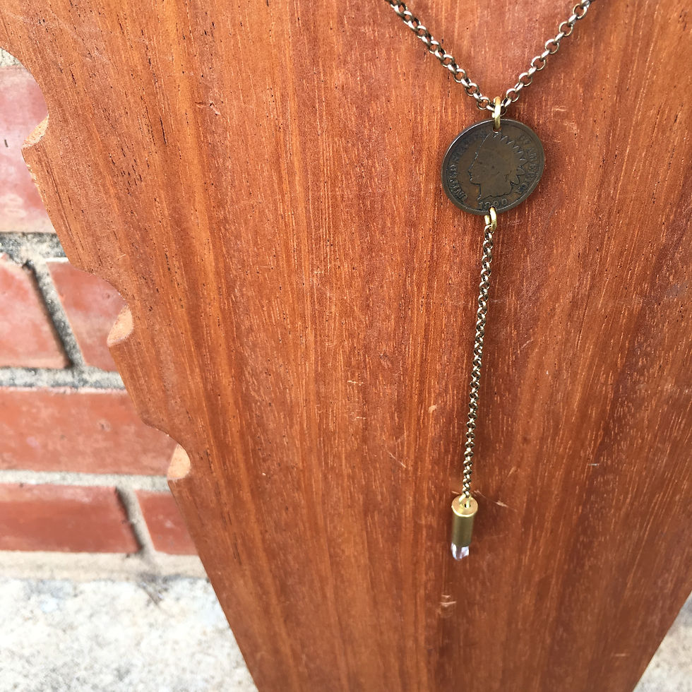 Thumbnail: indian head penny, peridot, and mother of pearl drop necklace