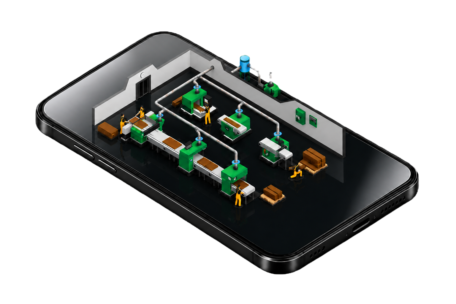 Conceptual illustration of a woodworking factory and ventilation duct system displayed inside a smartphone, representing remote access to Ecogate Analytics