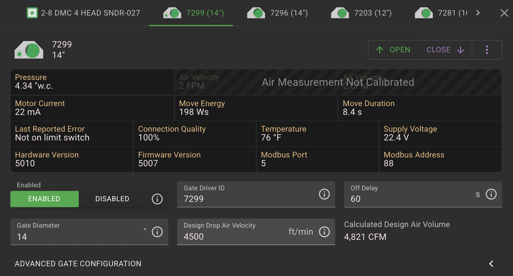 Ecogate workstation interface showing configuration for four connected dust-collection gates