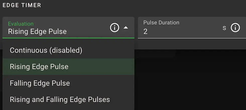 Fig 19: List of Evaluation options to choose when timer action starts: Continuous (no timer function, contact is closed as long as trigger is active), Rising Edge Pulse (timer starts when trigger becomes active), Falling Edge Pulse (timer starts when trigger stops being active), and Rising and Falling Edge Pulse